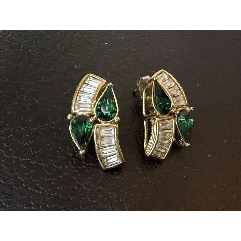 VTG Park Lane CZ & Simulated Emerald Pierced Earrings Gold Tone Glamour Signed